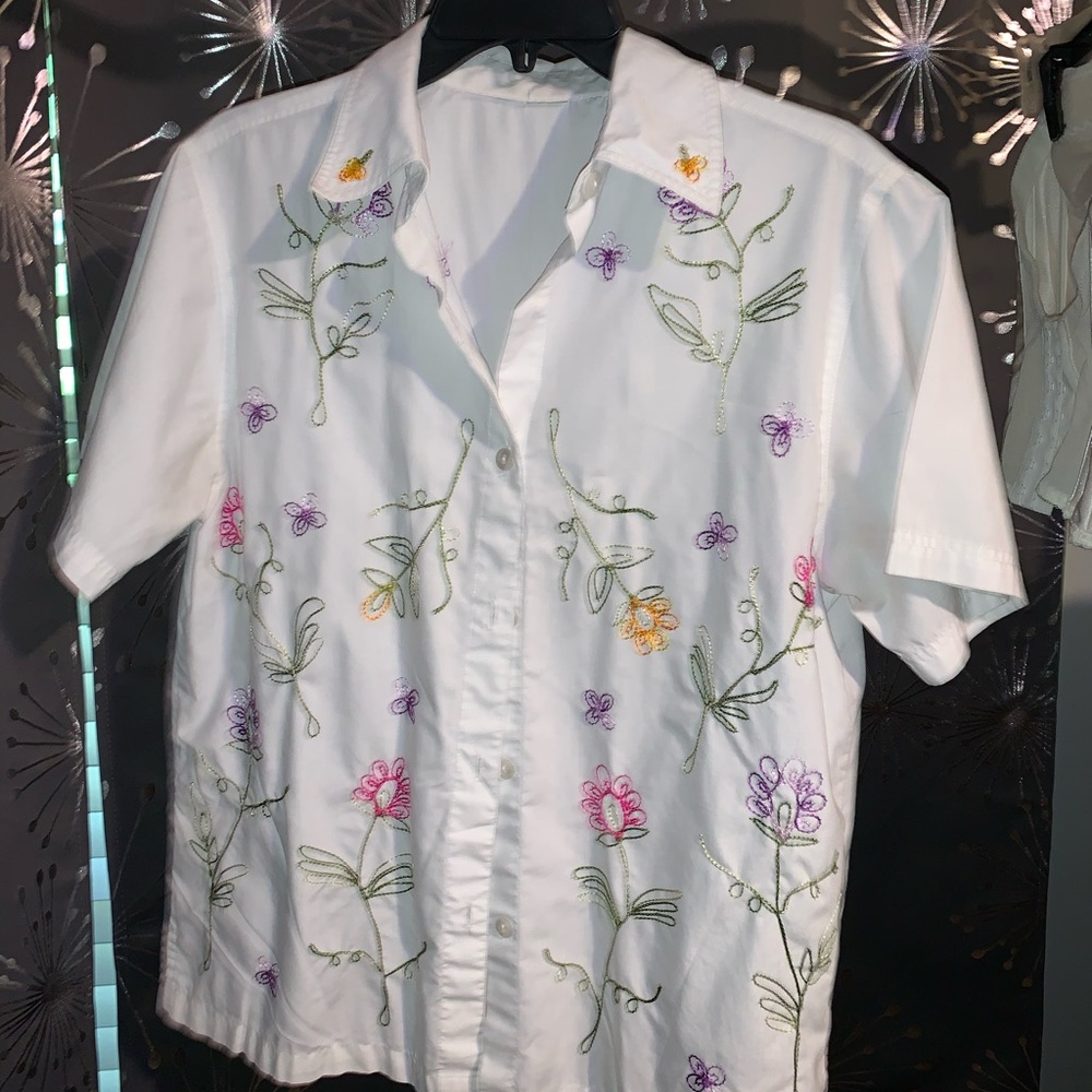 White button down with flower design